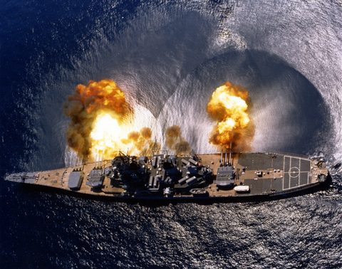 USS Iowa Fires a Full Broadside by J. Alan Elliott, 1984, framed print