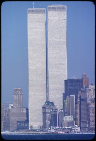 Twin Towers from the harbor by Bernard Gotfryd — large framed print