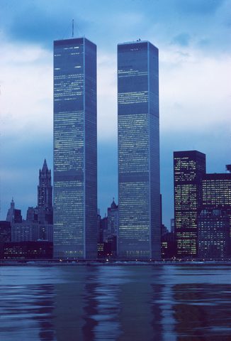 World Trade Center from the harbor at twilight by Balthazar Korab — large framed print