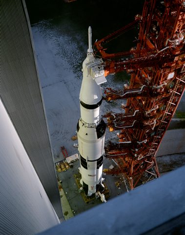 Apollo 12 Saturn V and tower from the VAB heights by NASA — large framed print
