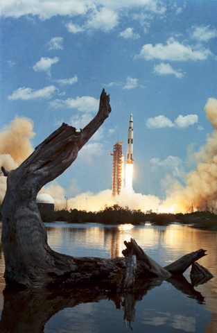 Apollo 16 Saturn V rises over the lagoon by NASA — large framed print