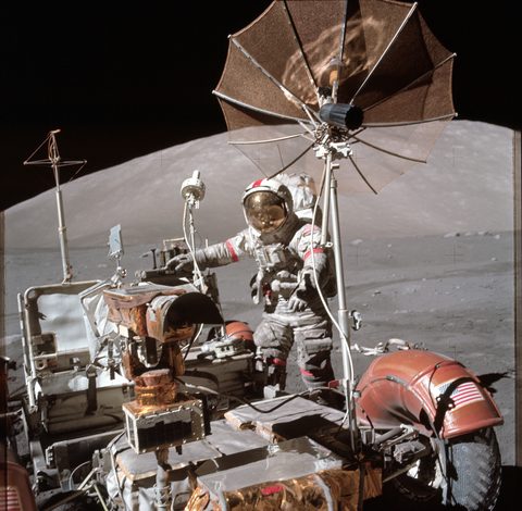 Cernan and the lunar rover below South Massif by NASA — large framed print