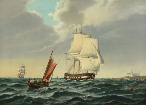 Warship Outward Bound with Kronborg to Port by Siegfred Hass — large framed print