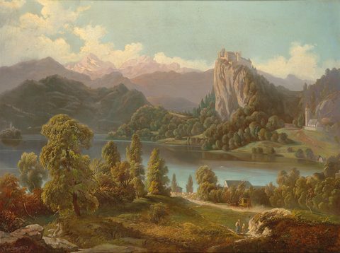 View of the Castle and Island on Lake Bled by Attributed to Anton Karinger — large framed print