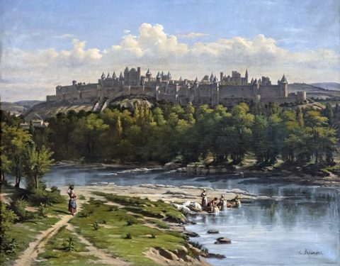 The Walled City of Carcassonne from the Aude by Émile Roumens — large framed print