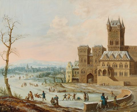 Winter Landscape with a Gothic Castle by Johann Philipp Ulbricht — large framed print