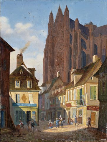 A Street in Chartres with the Cathedral by Giuseppe Canella — large framed print