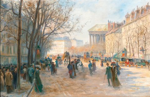 Strollers at the Madeleine, Paris by Georges Fraipont, before 1912, framed print