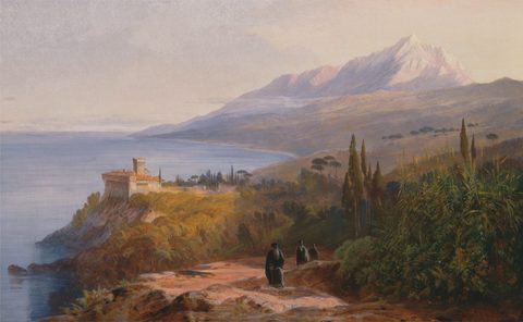Mount Athos and the Monastery of Stavronikita by Edward Lear — large framed print