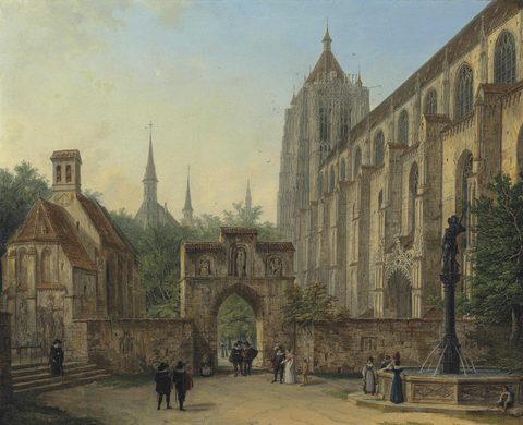 Figures in a Square before a Cathedral by Circle of Michael Neher, 19th century, framed print