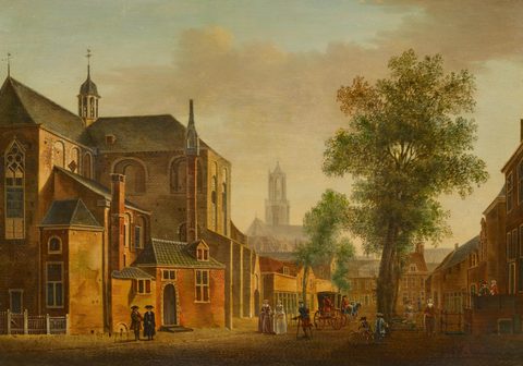 The Pieterskerk in Utrecht with the Dom by Pieter Jan van Liender, 1757, framed print