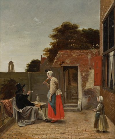 A Man Smoking and a Woman Drinking in a Courtyard by Pieter de Hooch — large framed print