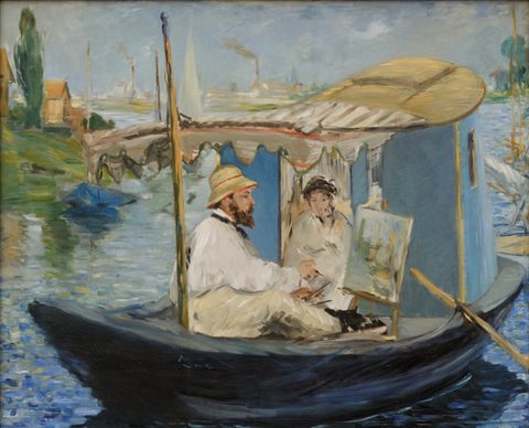 Claude Monet painting in his studio boat by Édouard Manet, 1874, framed print