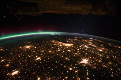 Aurora and Midwest city lights from orbit by NASA — large framed print