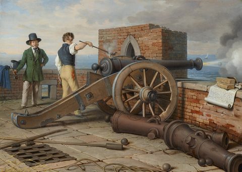 Artist Friends Firing a Cannon at the Fortress of San Michele near Ostia by Johann Peter Krafft — large framed print
