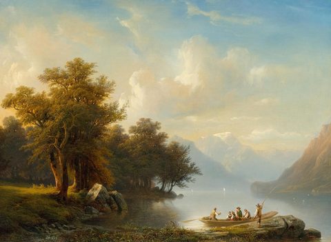 Lake Brienz with Figures in a Ferry Boat by François Diday, 19th century, framed print