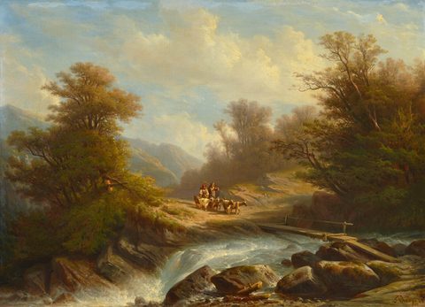River with Trees, Bridge and Goats by François Diday — large framed print