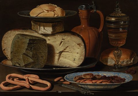 Still Life with Cheeses, Almonds and Pretzels by Clara Peeters — large framed print