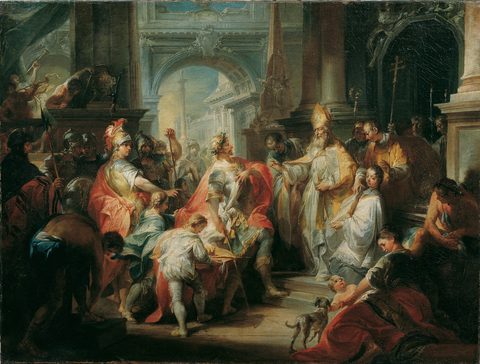 Saint Ambrose Bars Emperor Theodosius from Milan Cathedral by Johann Wolfgang Baumgartner, 1750, framed print