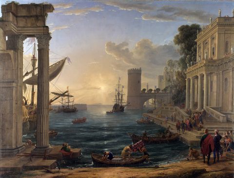 Seaport with the Embarkation of the Queen of Sheba by Claude Lorrain — large framed print
