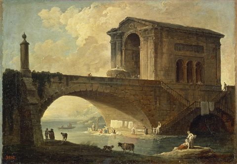 Landscape with a Stone Bridge by Hubert Robert — large framed print