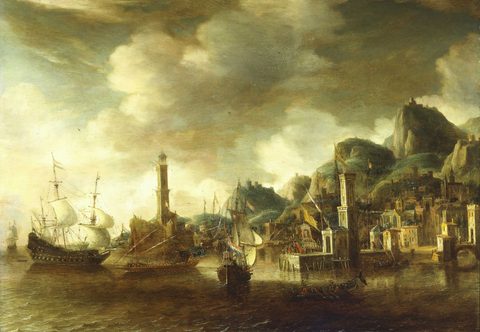 A Dutch Flagship and a Fluyt Running into a Mediterranean Harbour by Abraham Beerstraaten — large framed print