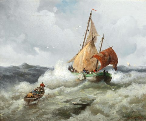 Fishermen in a Stormy Sea by Adolf Kaufmann — large framed print