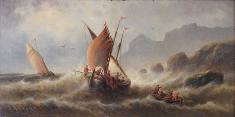 Fishing Boat in a Heavy Sea by Josef Mahorcig — large framed print