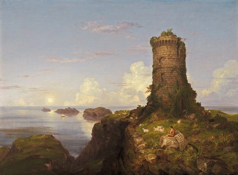 Italian Coast Scene with Ruined Tower by Thomas Cole — large framed print