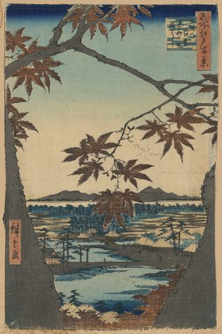 Maple Trees at Mama, Tekona Shrine and Linked Bridge by Utagawa Hiroshige, 1857, framed print