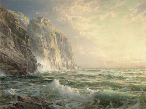 Rocky Cliff with Stormy Sea, Cornwall by William Trost Richards — large framed print