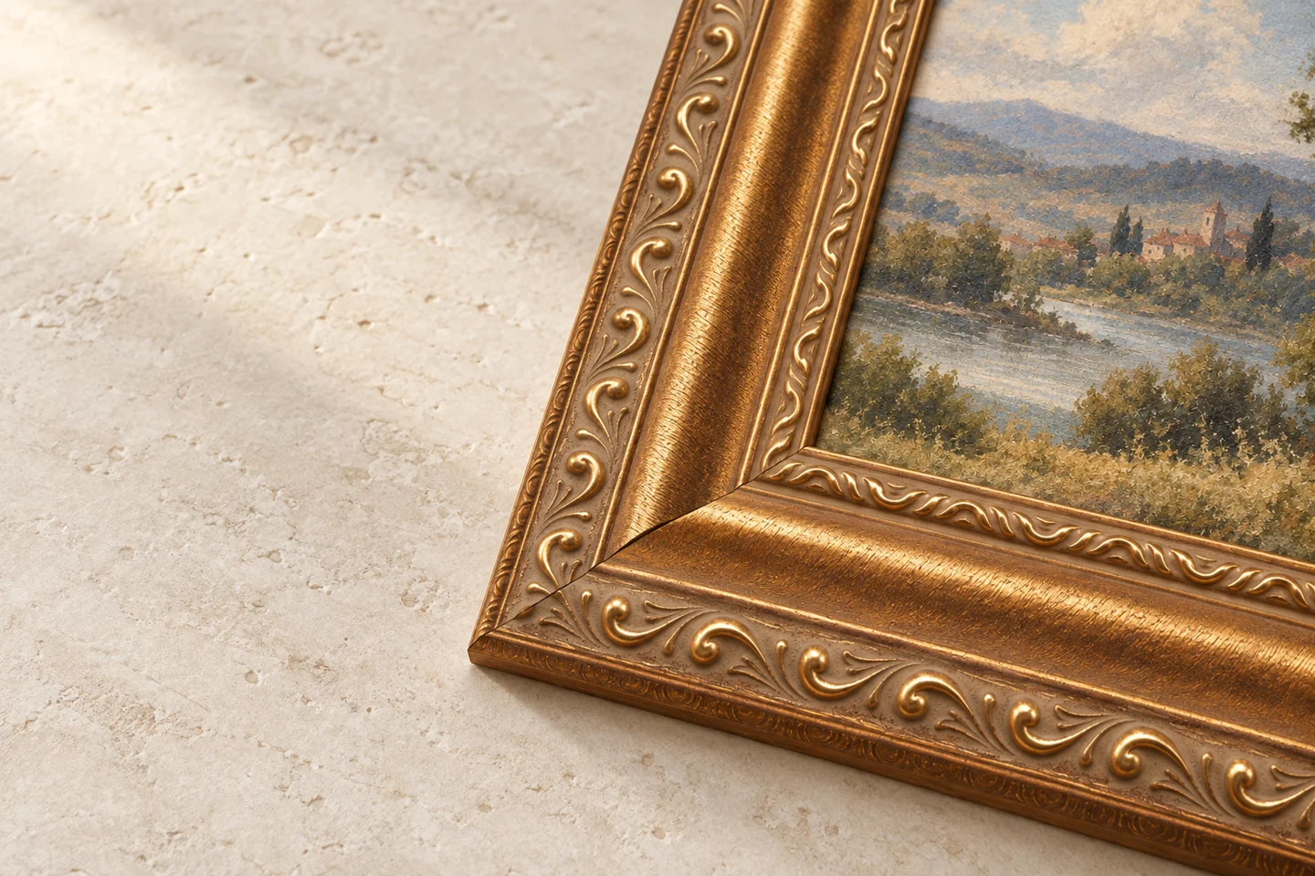 Close-up of the Wood Ornament frame’s gold cove and repeating scroll pattern around a landscape print