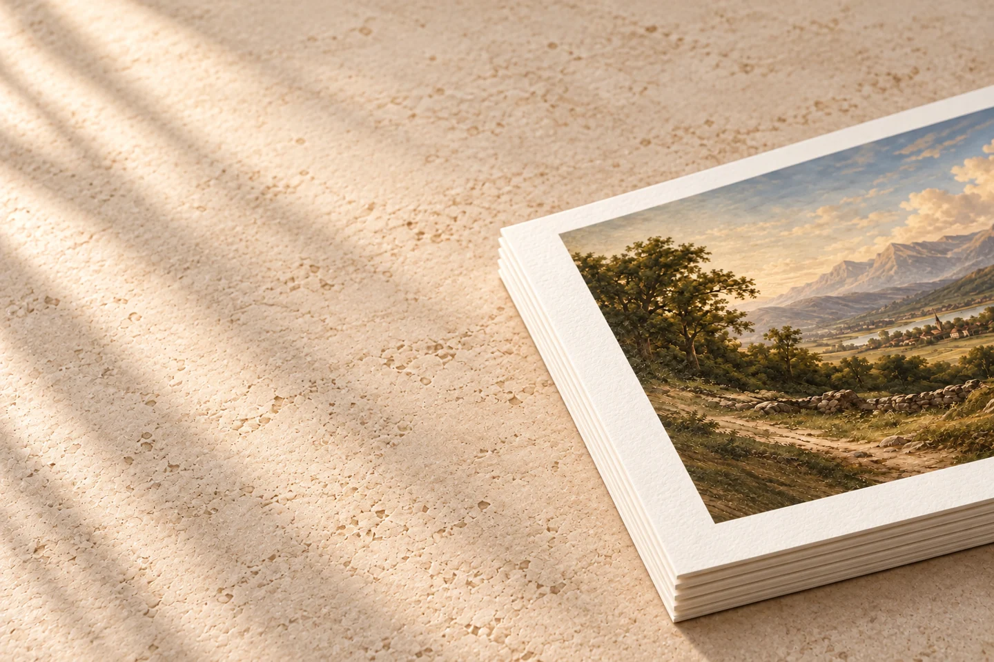 A landscape print on matte cotton paper, stacked flat with crisp square-cut corners