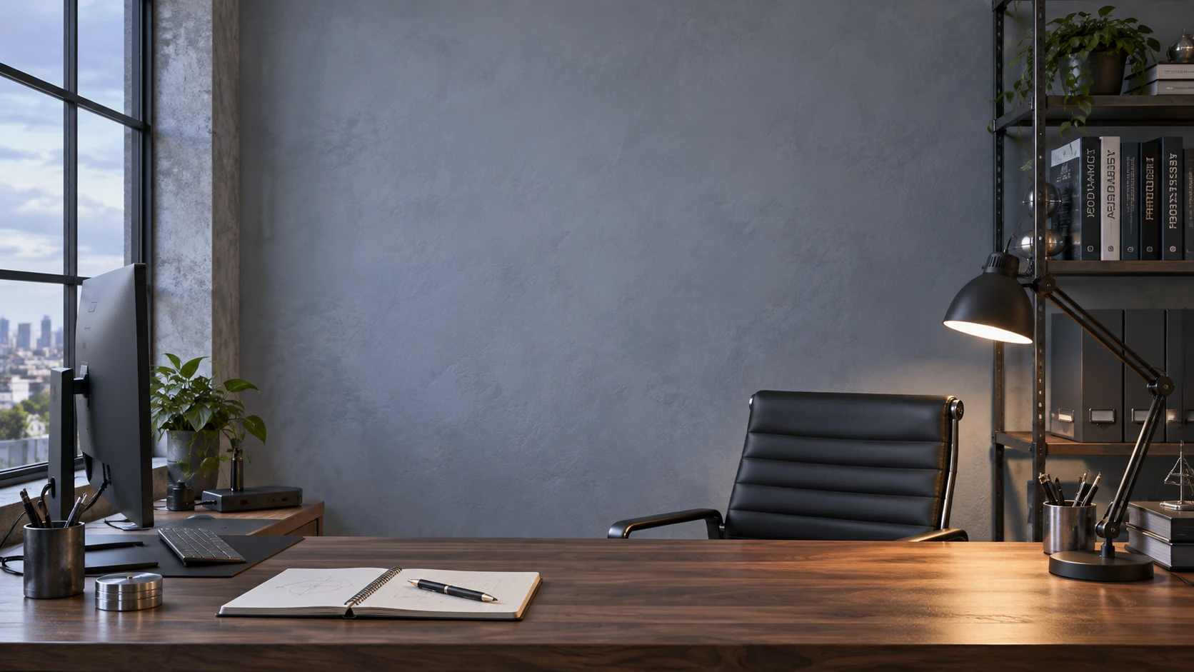 Framed space photography in a home office